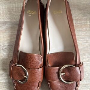 Frances Valentine Brown Leather Loafers with Gold Buckle